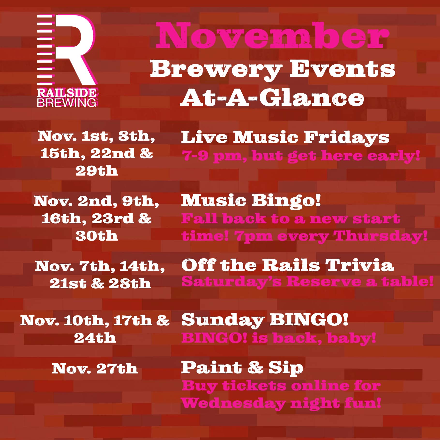 november brewery events at a glance for railside brewing in kelowna bc