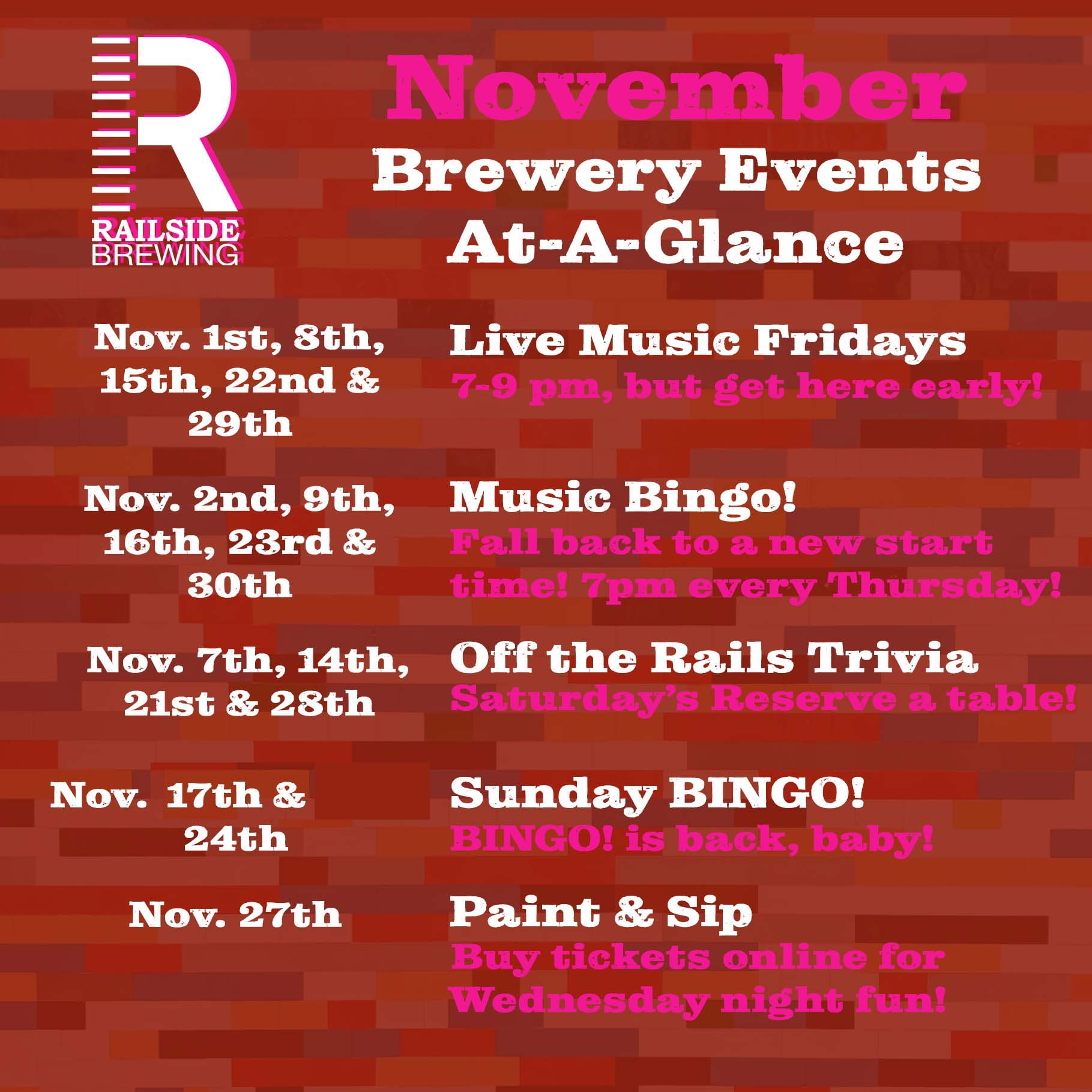 november brewery events at a glance for railside brewing in kelowna